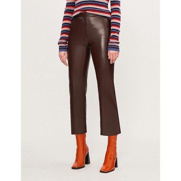 Sandro dark chocolate brown leather kick flare cropped trousers pants size 40